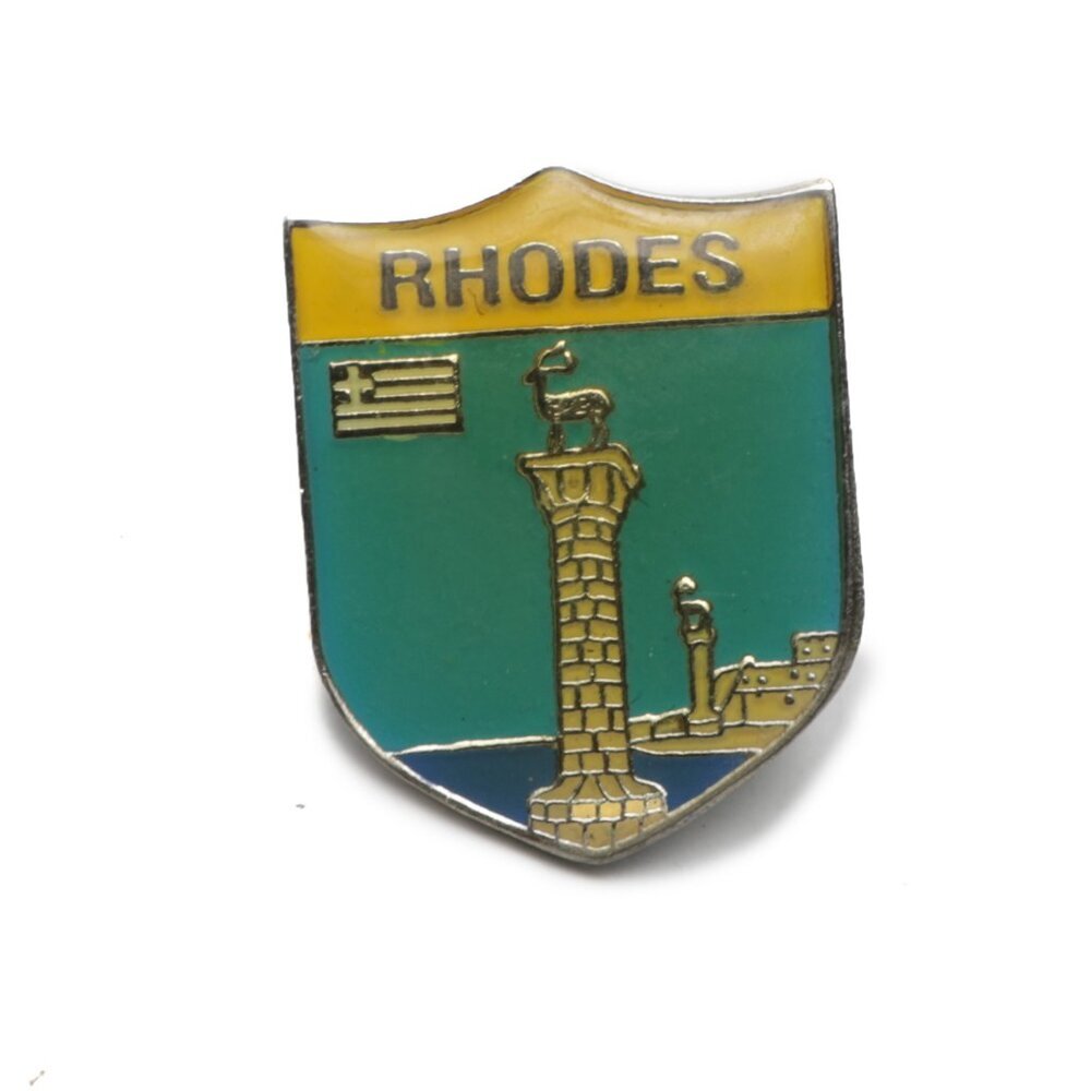 Vintage Rhodes Greece Metal Enamelled Pin Blue Gold Travel Collectable